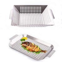 Vegetable Grill Basket and Smoker Pan Set of 2 - Stainless Steel BBQ Accessories for Outdoor Grilling