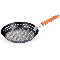 Non Stick Carbon Steel round 12" BBQ Grill Pan Wok grill basket with removable handle for outdoor BBQ