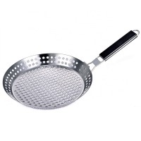 Stainless Steel round 12" BBQ Grill Pan Wok grill basket with foldable handle for outdoor BBQ